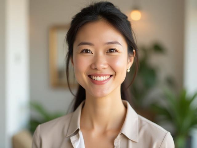 A professional, friendly-looking experienced nutritionist, Sarah Chen, smiling and ready to answer questions, conveying approachability and expertise.