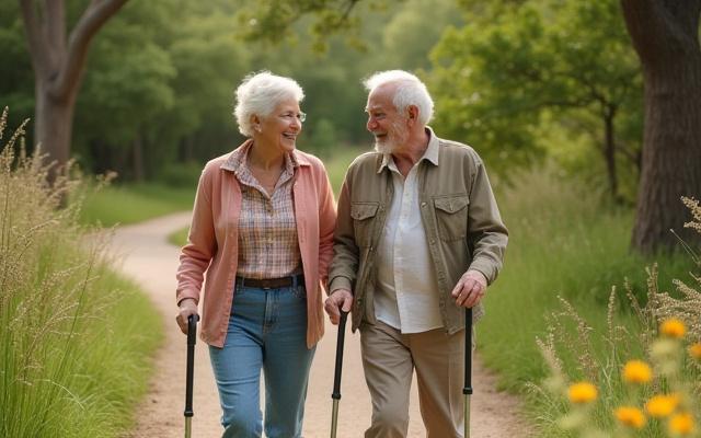 Elderly couple enjoying a brisk walk in a park