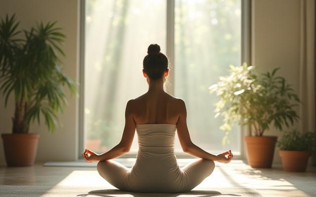 Woman meditating in a peaceful, sunlit room