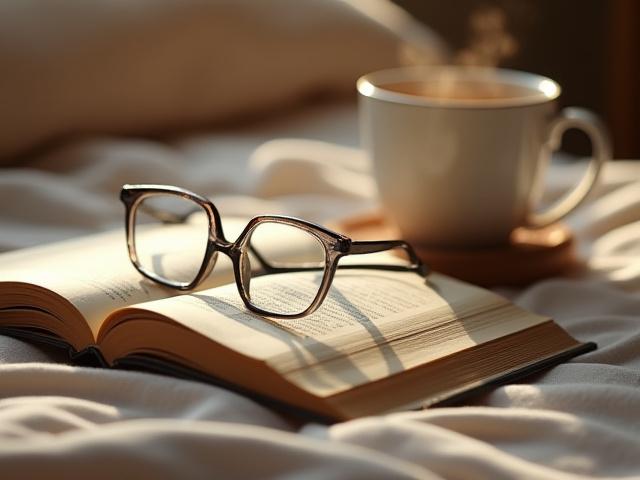 Stylish, modern blue light blocking glasses resting on an open book next to a warm cup of herbal tea.