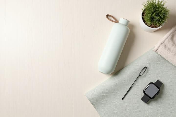A clean, aesthetic flat-lay arrangement of premium wellness products including a yoga mat, a stylish reusable water bottle, a sleek smart sleep tracker, and a small plant, conveying calm and modern well-being.