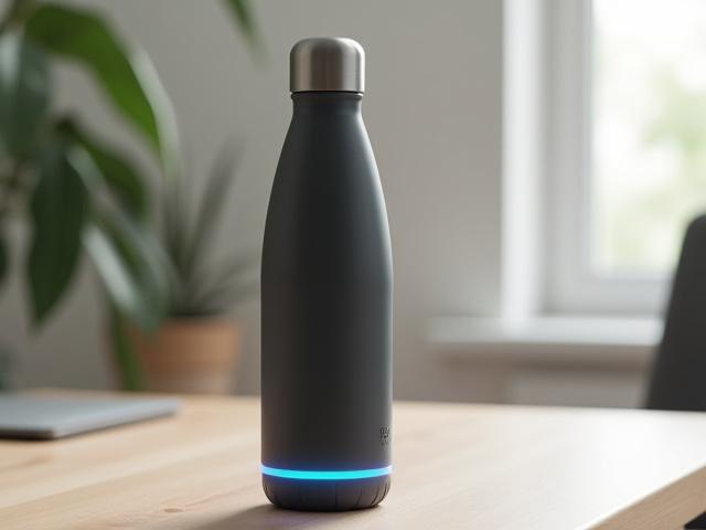 A sleek, insulated smart water bottle with an LED glow base on a modern wooden desk, subtly reminding to hydrate.