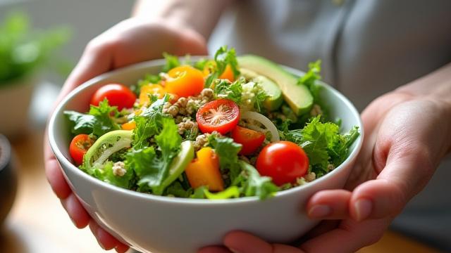A person preparing a colorful salad, focusing on fresh ingredients and mindful preparation, well-lit from natural light.