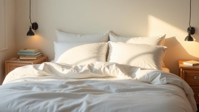 A tranquil bedroom scene with soft lighting, fresh linens, and an open book, symbolizing good sleep hygiene.