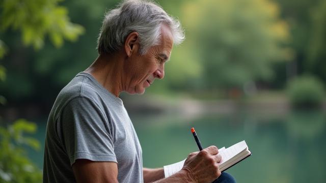 An individual journaling outdoors with a calm expression, surrounded by lush greenery, emphasizing mental clarity.